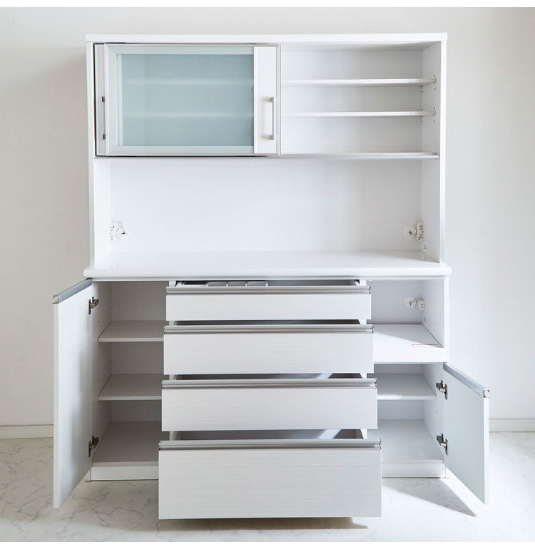 食器棚 キッチンボード 幅150 奥行48 高さ200 完成品 国産 モイス加工 レンジ台 レンジボード 大容量 キッチン 収納 木目 フルオープンレール ホワイト 白 ブラック キングウッド(代引不可)