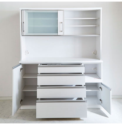 食器棚 キッチンボード 幅150 奥行48 高さ200 完成品 国産 モイス加工 レンジ台 レンジボード 大容量 キッチン 収納 木目 フルオープンレール ホワイト 白 ブラック キングウッド(代引不可)