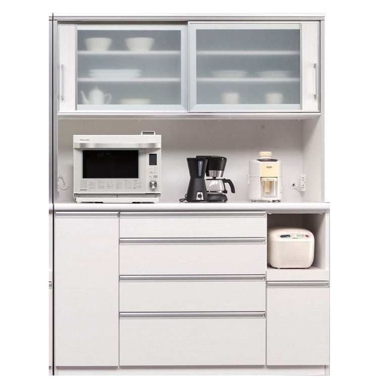 食器棚 キッチンボード 幅150 奥行48 高さ200 完成品 国産 モイス加工 レンジ台 レンジボード 大容量 キッチン 収納 木目 フルオープンレール ホワイト 白 ブラック キングウッド(代引不可)