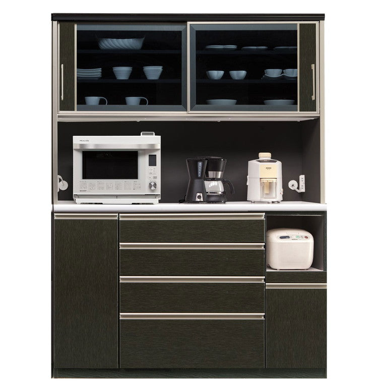 食器棚 キッチンボード 幅150 奥行48 高さ200 完成品 国産 モイス加工 レンジ台 レンジボード 大容量 キッチン 収納 木目 フルオープンレール ホワイト 白 ブラック キングウッド(代引不可)