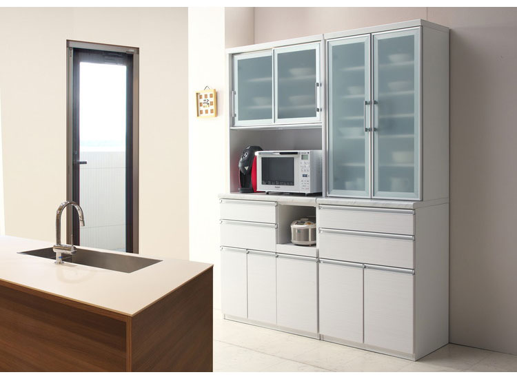 食器棚 キッチンボード 幅70 奥行48 高さ203 完成品 国産 モイス加工 レンジ台 レンジボード 大容量 ソフトクローズ キッチン 収納 木目 フルオープンレール ホワイト 白 キングウッド(代引不可)