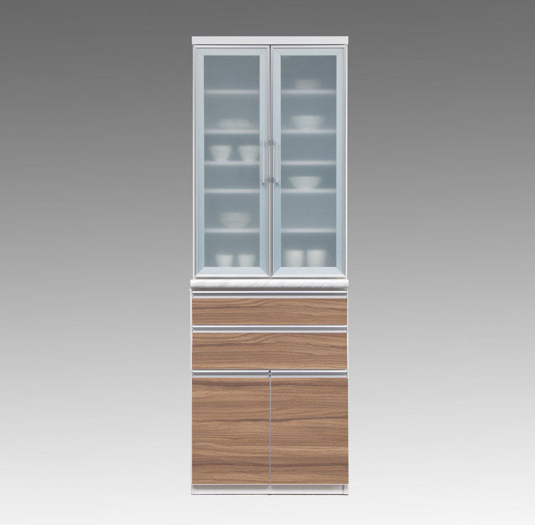 食器棚 キッチンボード 幅70 奥行48 高さ203 完成品 国産 モイス加工 レンジ台 レンジボード 大容量 ソフトクローズ キッチン 収納 木目 フルオープンレール ホワイト 白 キングウッド(代引不可)