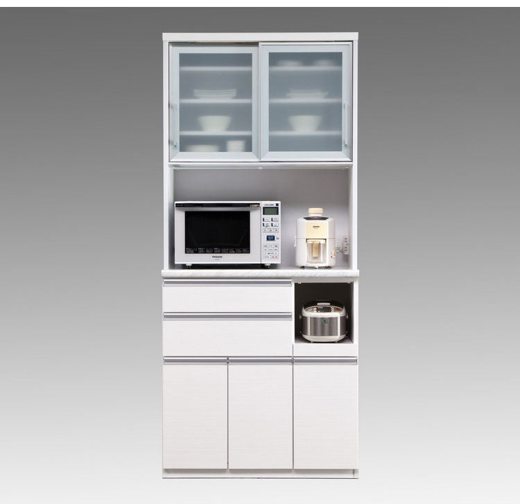 食器棚 キッチンボード 幅90 奥行48 高さ203 完成品 国産 モイス加工 レンジ台 レンジボード 大容量 ソフトクローズ キッチン 収納 木目 フルオープンレール ホワイト 白 キングウッド(代引不可)