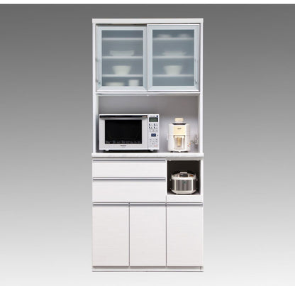 食器棚 キッチンボード 幅90 奥行48 高さ203 完成品 国産 モイス加工 レンジ台 レンジボード 大容量 ソフトクローズ キッチン 収納 木目 フルオープンレール ホワイト 白 キングウッド(代引不可)