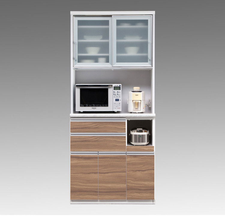 食器棚 キッチンボード 幅90 奥行48 高さ203 完成品 国産 モイス加工 レンジ台 レンジボード 大容量 ソフトクローズ キッチン 収納 木目 フルオープンレール ホワイト 白 キングウッド(代引不可)