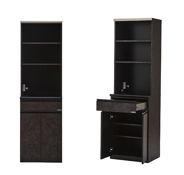 食器棚 レンジ台 キッチンボード 幅60cm 奥行48cm 高さ201.5cm カップボード ダイニングボード 60cm セラミック調 ブラウン 60cm幅 食器家電収納棚 レンジ台 コンセント付(代引不可)