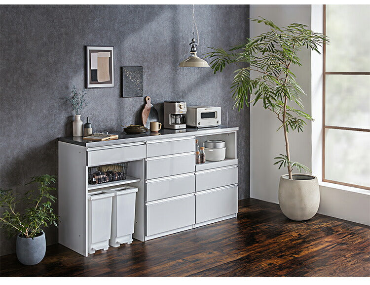 キッチンカウンター 180cm幅 食器家電収納カウンタ― スライドテーブルタイプ+引出タイプ+ダストタイプ+OSパネルカウンタ―天板(シルバー) 壁面 カウンター 新生活 キッチン収納(代引不可)