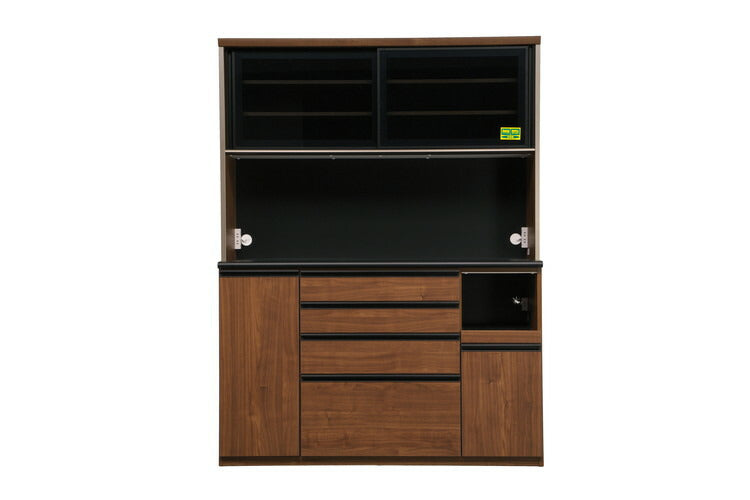 食器棚 キッチンボード 幅150 奥行48 高さ198 完成品 国産 モイス加工 レンジ台 レンジボード 大容量 ソフトクローズ キッチン 収納 木目 フルオープンレール ブラック ウォールナット(代引不可)