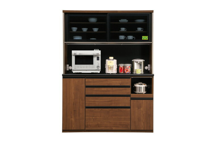 食器棚 キッチンボード 幅150 奥行48 高さ198 完成品 国産 モイス加工 レンジ台 レンジボード 大容量 ソフトクローズ キッチン 収納 木目 フルオープンレール ブラック ウォールナット(代引不可)