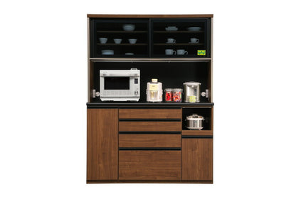 食器棚 キッチンボード 幅150 奥行48 高さ198 完成品 国産 モイス加工 レンジ台 レンジボード 大容量 ソフトクローズ キッチン 収納 木目 フルオープンレール ブラック ウォールナット(代引不可)