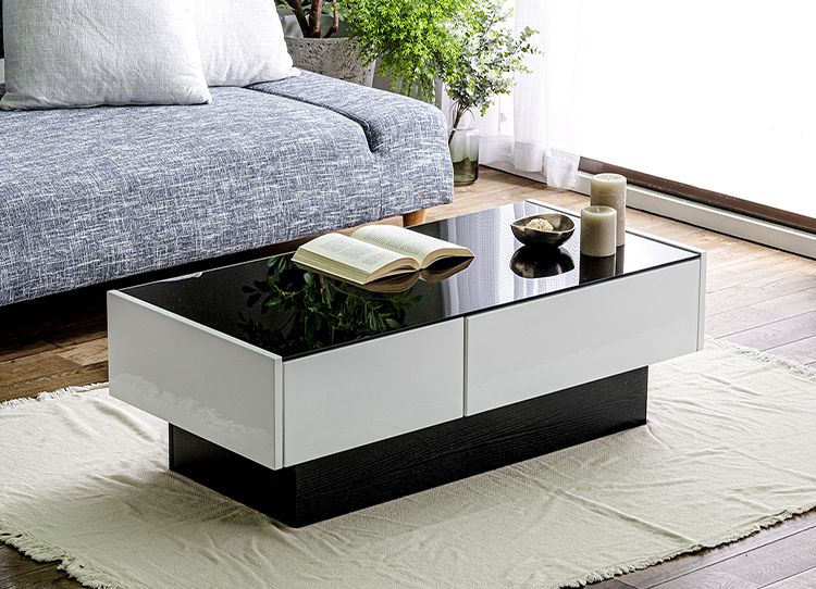 センターテーブル ガラス ローテーブル おしゃれ モダン 高級感 幅105 奥行50 高さ35 完成品 鏡面 引き出し 引出 収納 ナチュラル ホワイト 長方形 テーブル ガラステーブル リビングテーブル 新生活 (代引不可)