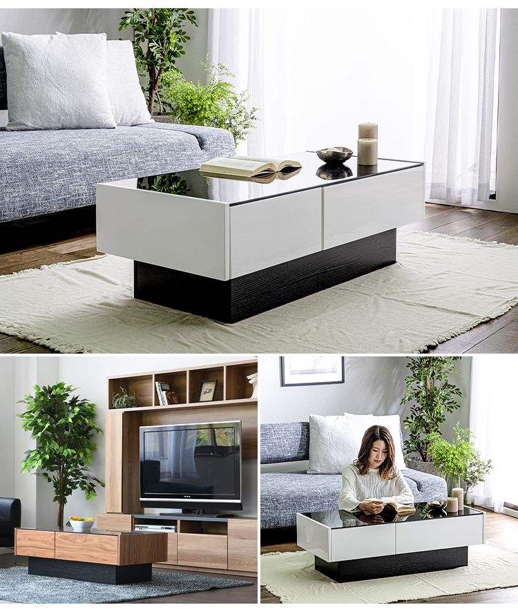 センターテーブル ガラス ローテーブル おしゃれ モダン 高級感 幅105 奥行50 高さ35 完成品 鏡面 引き出し 引出 収納 ナチュラル ホワイト 長方形 テーブル ガラステーブル リビングテーブル 新生活 (代引不可)