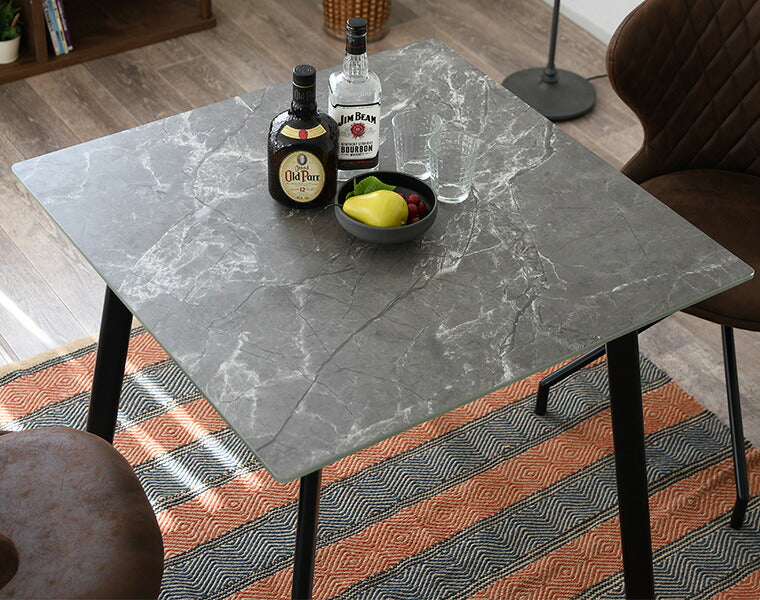 ダイニングテーブル ガラステーブル 幅80cm 単品 石目調 2人用 おしゃれ 強化ガラス ダイニング スチール モダン 食卓テーブル(代引不可)