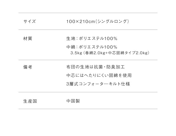 3層敷布団 シングル 昭和西川 100×210cm シングルロング 抗菌防臭 高密度固綿 高クッション性 低ホルマリン 3層構造 3層式コンフォーターキルト シンプル 高品質 敷き布団 ふとん マット 西川 にしかわ
