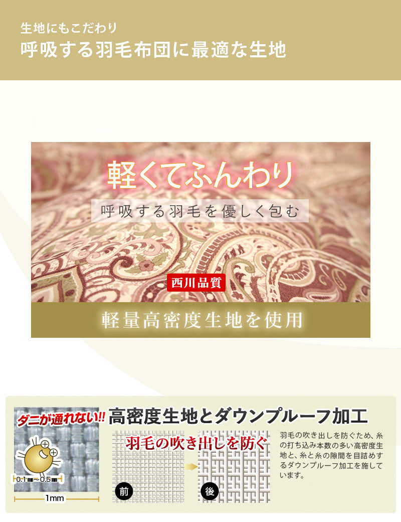 日本製 西川 羽毛布団 ダウン85% シングル 1.1kg 防ダニ 高密度生地 立体キルト 二重縫製 国産 昭和西川 あったか 秋 冬 軽い