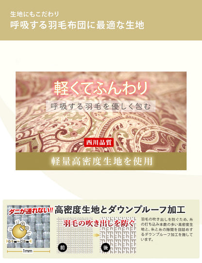 日本製 西川 羽毛布団 ダウン85% シングル 1.1kg 防ダニ 高密度生地 立体キルト 二重縫製 国産 昭和西川 あったか 秋 冬 軽い