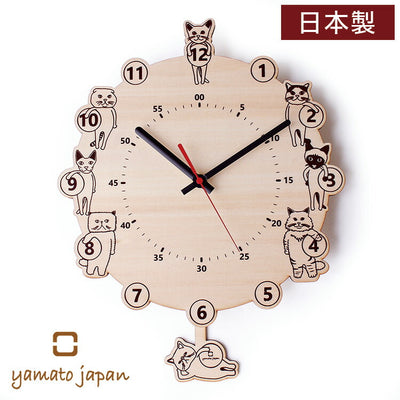 振り子時計 CATS clock 時計 壁時計 壁掛け時計 ねこ 木製 日本製 おしゃれ かわいい 振り子 ネコ 猫 イラスト 木 インテリア 秒針あり プレゼント yamato japan