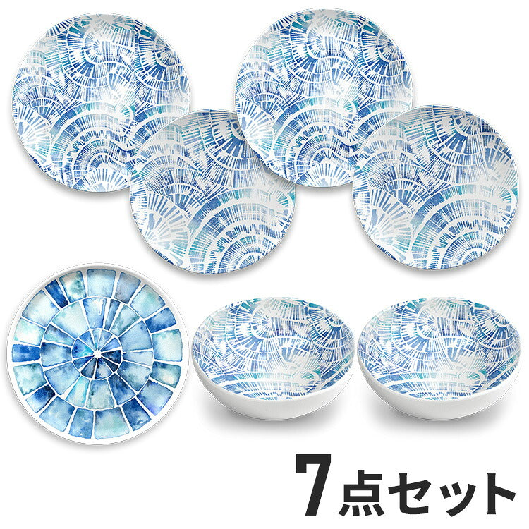 コースタルスカロップ 7点セット メラミン食器 割れにくい おしゃれ 食洗機対応 ボウル お皿 深皿 可愛い 電子レンジ不可 食洗機対応 食器セット プレート(代引不可)