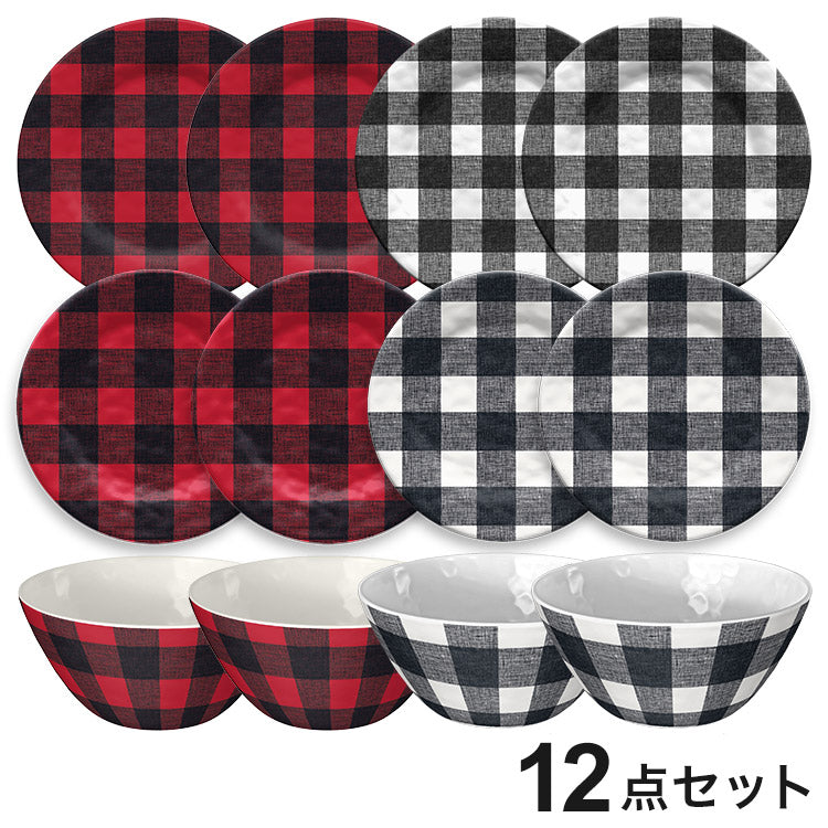 ヴィンテージ バッファローチェック ブラック/レッド 12点セット メラミン食器 割れにくい おしゃれ 食洗機対応 ボウル お皿 可愛い 電子レンジ不可 食洗機対応(代引不可)
