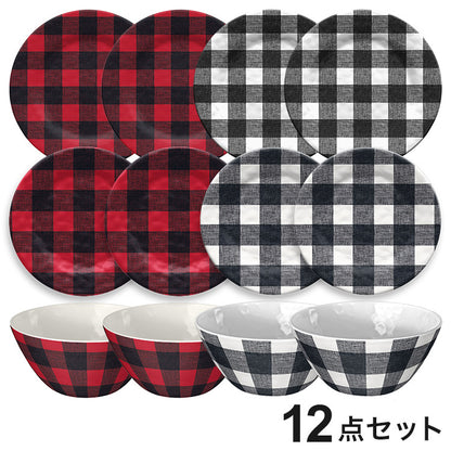 ヴィンテージ バッファローチェック ブラック/レッド 12点セット メラミン食器 割れにくい おしゃれ 食洗機対応 ボウル お皿 可愛い 電子レンジ不可 食洗機対応(代引不可)