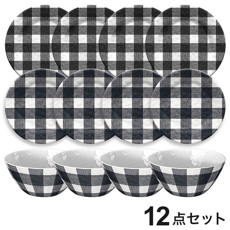 ヴィンテージ バッファローチェック ブラック 12点セット メラミン食器 割れにくい おしゃれ 食洗機対応 ボウル お皿 可愛い 電子レンジ不可 食洗機対応 食器セット(代引不可)