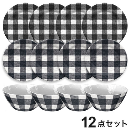 ヴィンテージ バッファローチェック ブラック 12点セット メラミン食器 割れにくい おしゃれ 食洗機対応 ボウル お皿 可愛い 電子レンジ不可 食洗機対応 食器セット(代引不可)