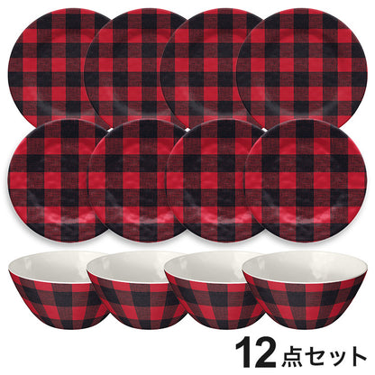 ヴィンテージ バッファローチェック レッド 12点セット メラミン食器 割れにくい おしゃれ 食洗機対応 ボウル お皿 可愛い 電子レンジ不可 食洗機対応 食器セット(代引不可)