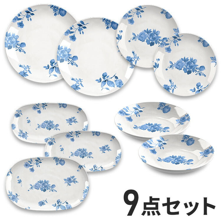 コテージブルーフローラル 9点セット メラミン食器 割れにくい おしゃれ 食洗機対応 ボウル お皿 深皿 可愛い 電子レンジ不可 食洗機対応 食器セット プレート(代引不可)