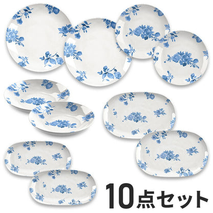コテージブルーフローラル 10点セット メラミン食器 割れにくい おしゃれ 食洗機対応 ボウル お皿 深皿 可愛い 電子レンジ不可 食洗機対応 食器セット プレート(代引不可)