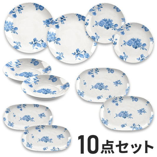 コテージブルーフローラル 10点セット メラミン食器 割れにくい おしゃれ 食洗機対応 ボウル お皿 深皿 可愛い 電子レンジ不可 食洗機対応 食器セット プレート(代引不可)