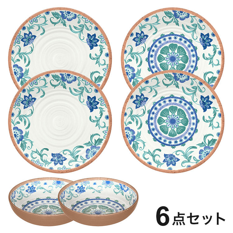 リオターコイズフローラル 6点セット メラミン食器 割れにくい おしゃれ 食洗機対応 ボウル お皿 可愛い 電子レンジ不可 食洗機対応 食器セット プレート(代引不可)