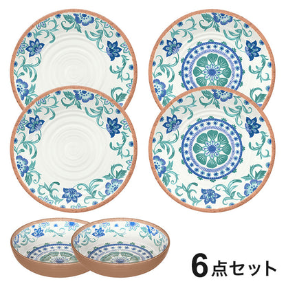リオターコイズフローラル 6点セット メラミン食器 割れにくい おしゃれ 食洗機対応 ボウル お皿 可愛い 電子レンジ不可 食洗機対応 食器セット プレート(代引不可)
