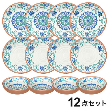 リオターコイズフローラル 12点セット メラミン食器 割れにくい おしゃれ 食洗機対応 ボウル お皿 可愛い 電子レンジ不可 食洗機対応 食器セット プレート(代引不可)