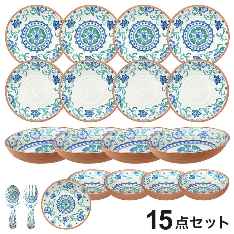 リオターコイズフローラル 15点セット メラミン食器 割れにくい おしゃれ 食洗機対応 ボウル お皿 可愛い 電子レンジ不可 食洗機対応 食器セット プレート(代引不可)