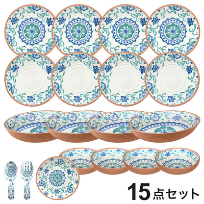 リオターコイズフローラル 15点セット メラミン食器 割れにくい おしゃれ 食洗機対応 ボウル お皿 可愛い 電子レンジ不可 食洗機対応 食器セット プレート(代引不可)