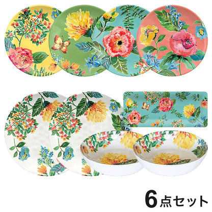 ガーデンフローラル 6点セット メラミン食器 割れにくい おしゃれ 食洗機対応 ボウル お皿 可愛い 電子レンジ不可 食洗機対応 食器セット プレート(代引不可)