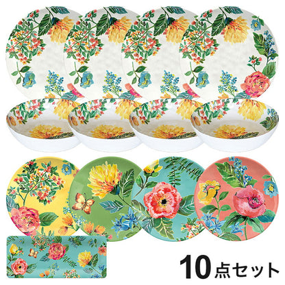 ガーデンフローラル 10点セット メラミン食器 割れにくい おしゃれ 食洗機対応 ボウル お皿 可愛い 電子レンジ不可 食洗機対応 食器セット プレート(代引不可)