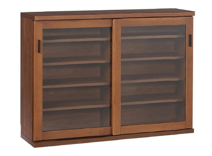 シェルフ ラック スリム 完成品 国産 幅120 奥行30 高さ85 カウンター下収納 アルダー無垢材 天然木 木製 北欧 ガラス 引き戸 省スペース ナチュラル ブラウン(代引不可)