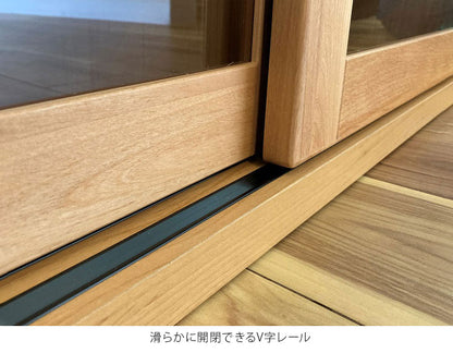 シェルフ ラック スリム 完成品 国産 幅120 奥行30 高さ85 カウンター下収納 アルダー無垢材 天然木 木製 北欧 ガラス 引き戸 省スペース ナチュラル ブラウン(代引不可)