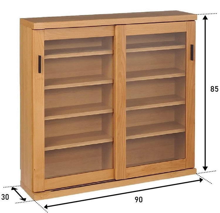 シェルフ ラック スリム 完成品 国産 幅90 奥行30 高さ85 カウンター下収納 アルダー無垢材 天然木 木製 北欧 ガラス 引き戸 省スペース ナチュラル ブラウン(代引不可)