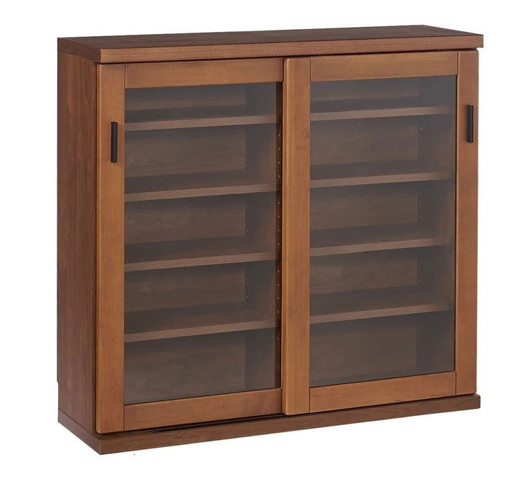 シェルフ ラック スリム 完成品 国産 幅90 奥行30 高さ85 カウンター下収納 アルダー無垢材 天然木 木製 北欧 ガラス 引き戸 省スペース ナチュラル ブラウン(代引不可)