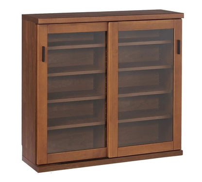 シェルフ ラック スリム 完成品 国産 幅90 奥行30 高さ85 カウンター下収納 アルダー無垢材 天然木 木製 北欧 ガラス 引き戸 省スペース ナチュラル ブラウン(代引不可)