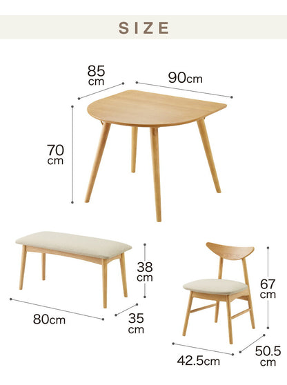 省スペース 半円ダイニング 4点セット 幅90 テーブル+チェア2脚+ベンチ 壁付け すっきり収納 円形 2人用 3人用 食卓 カウンター 壁付けテーブル 天然木 木製 おしゃれ(代引不可)