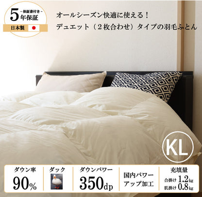 2枚合わせ羽毛布団 キング ロング 日本製 オールシーズン使える ホワイトダックダウン 90% 掛け布団 掛布団 2枚合せ羽毛ふとん 350dp 冬用 暖かい あったか 立体キルト(代引不可)
