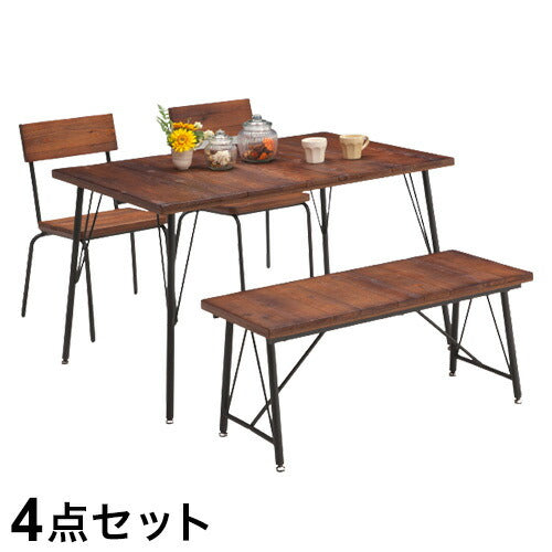 ダイニング 4点セット スチール 天然木 ダイニングチェア 2脚 ダイニングテーブル ダイニングベンチ パイン材 おしゃれ 北欧 アンティーク調 木製 木目 新生活 一人暮らし(代引不可)