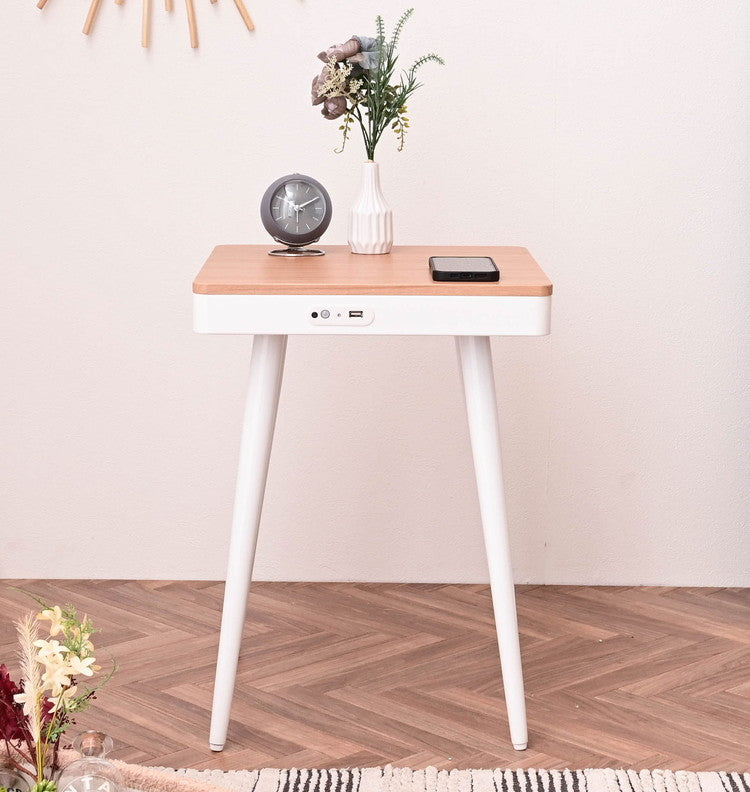 スピーカーテーブル 幅40cm Bluetooth接続スピーカー ワイヤレス充電機能 USBポート1口付き 誘導灯付き サイドテーブル 組み立て式 ソナーレ(代引不可)