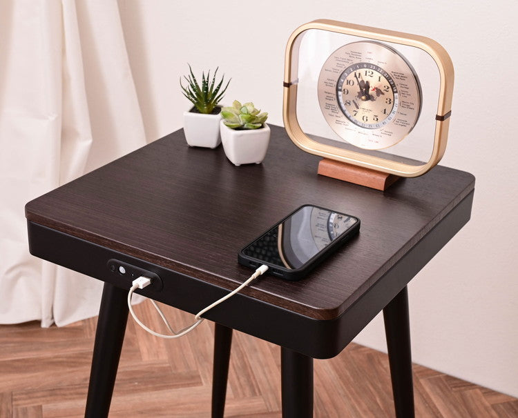 スピーカーテーブル 幅40cm Bluetooth接続スピーカー ワイヤレス充電機能 USBポート1口付き 誘導灯付き サイドテーブル 組み立て式 ソナーレ(代引不可)