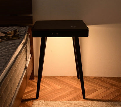 スピーカーテーブル 幅40cm Bluetooth接続スピーカー ワイヤレス充電機能 USBポート1口付き 誘導灯付き サイドテーブル 組み立て式 ソナーレ(代引不可)