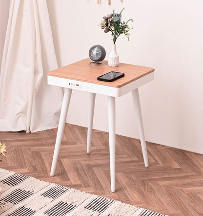 スピーカーテーブル 幅40cm Bluetooth接続スピーカー ワイヤレス充電機能 USBポート1口付き 誘導灯付き サイドテーブル 組み立て式 ソナーレ(代引不可)