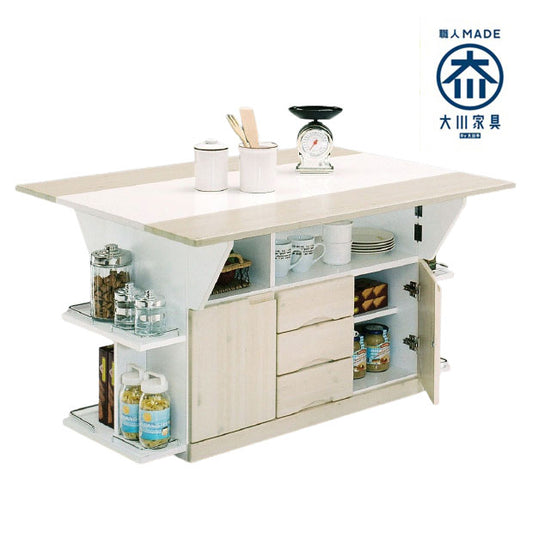 キッチンカウンター キッチンワゴン バタフライテーブル 幅120 奥行90 高さ70 両バタワゴン 国産 大川家具 ナチュラル 伸長式(代引不可)